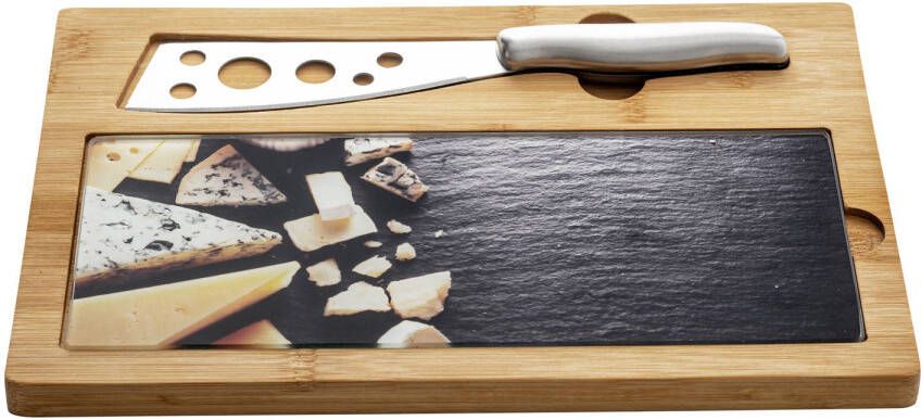 4Goodz 3 delige Set Bamboe/glas Kaasplank Met Kaasmes 30x20x2, 5 Cm
