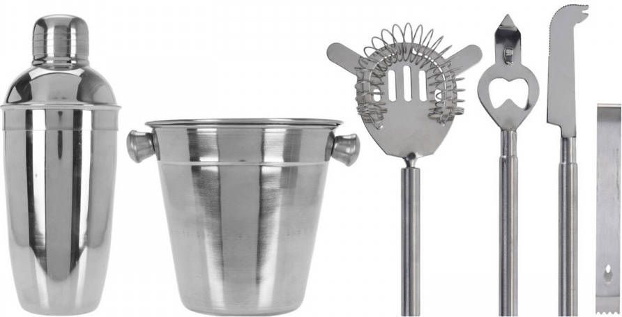 Excellent Houseware Zilveren Rvs Barset/Cocktailset/Giftset Met Cocktailshaker 6 delig Cocktailshakers