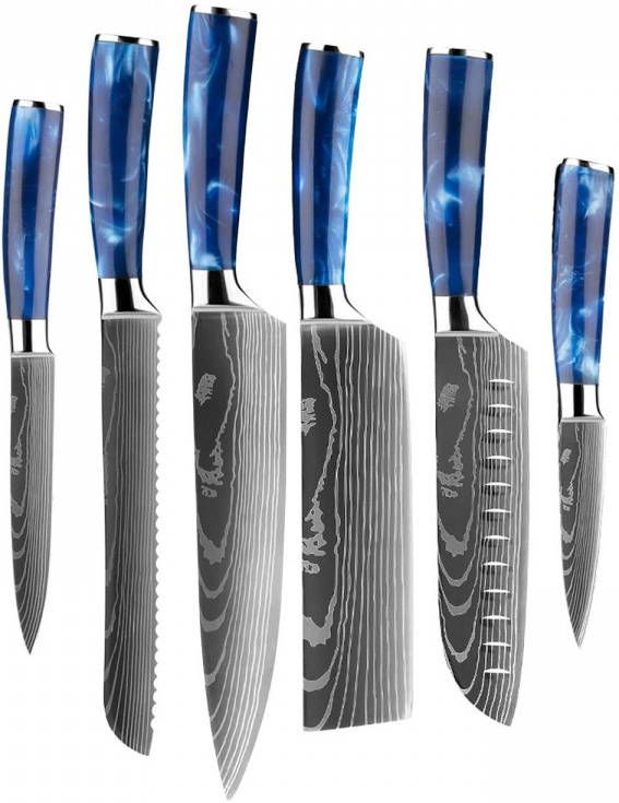 Shinrai Japan Japanse Damascus Print Epoxy Sapphire 6 delige Messenset