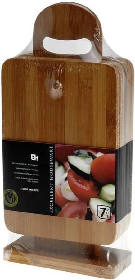 Merkloos 6x Bamboe Houten Broodplankjes Met Houder 22 Cm Snijplanken/serveerplanken/broodplanken Van Hout